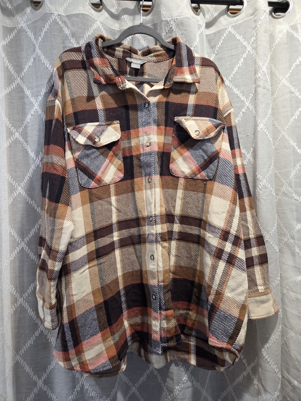 Natural Reflections Plaid Button-Down Shacket in Brown, Cream & Black